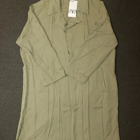 Zara Women's Lyocell Trench Coat Sage Lightweight Duster Jacket XL - Picture 2 of 3